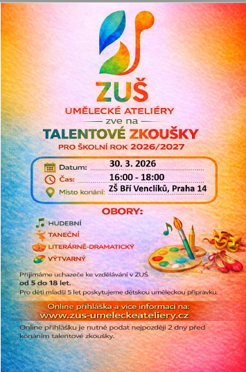 Talentové zkoušky ZUŠ – Umělecké ateliéry 30. 3. 2026 16:00 - 18:00
